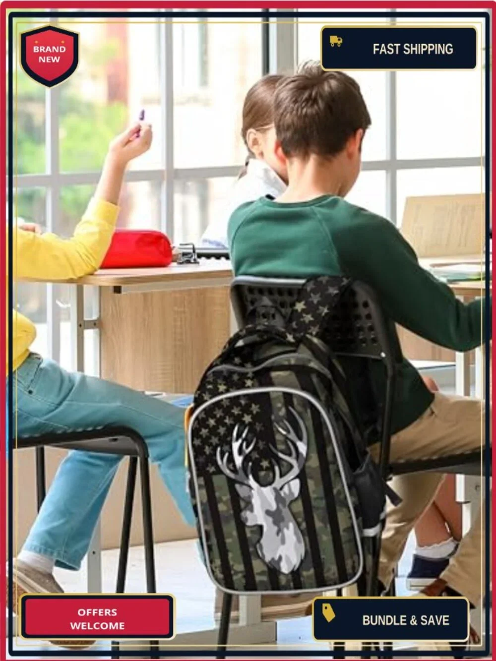 American Flag Camo Deer Boys Backpack Waterproof School Daypack Laptop Pocket